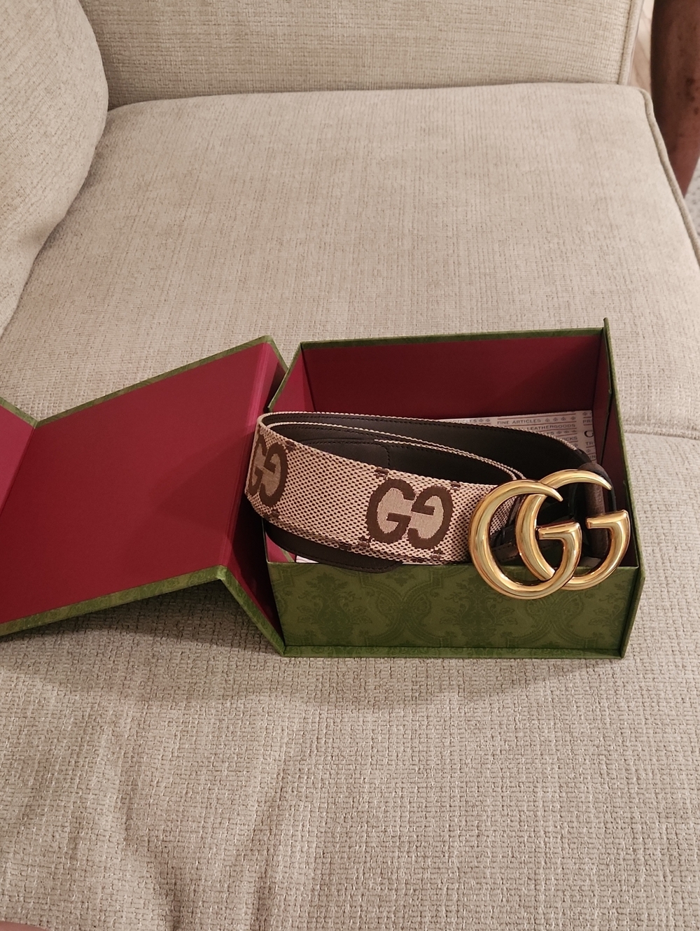Gucci Beige and Brown GG Web Belt with Gold Double G Buckle